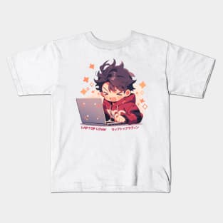 Cute Anime boy using laptop Kids T-Shirt